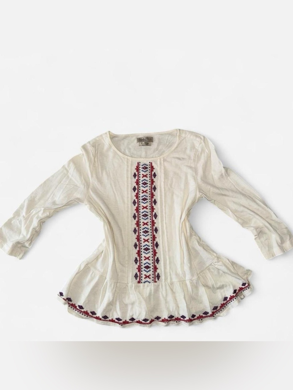 Lucky Brand Ivory Long-Sleeve Tunic with Red & Navy Embroidery